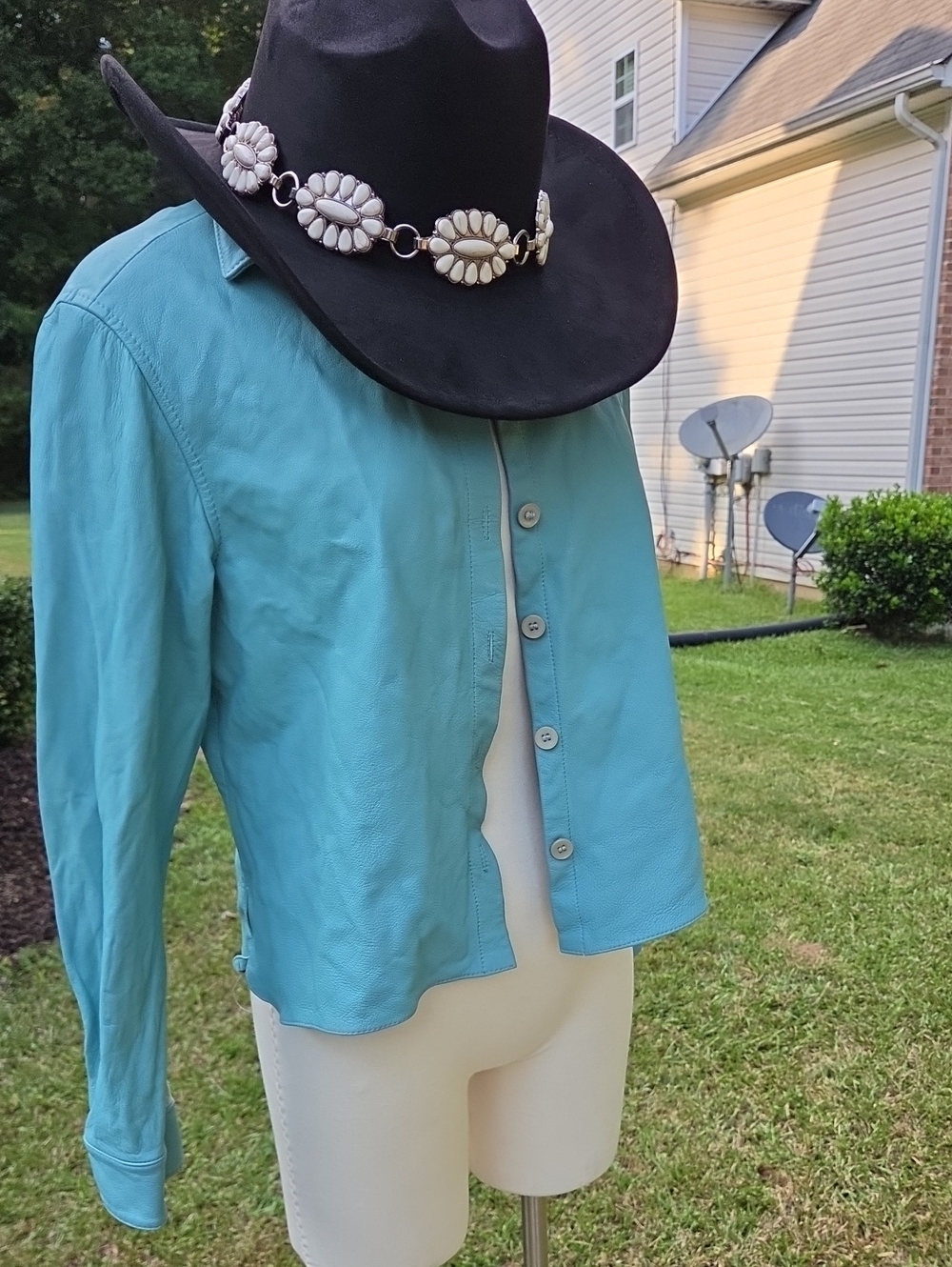 Women's Light Blue Leather Button-Front Jacket